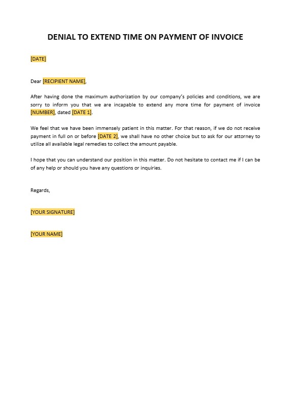 Denial to Extend Time on Payment of Invoice Template PSD template